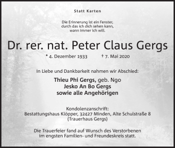 Anzeige von Peter Claus Gergs von Mindener Tageblatt