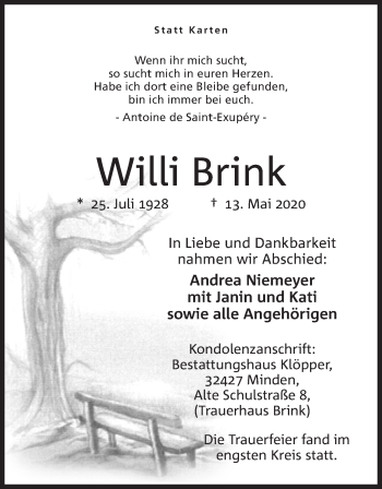 Anzeige von Willi Brink von Mindener Tageblatt