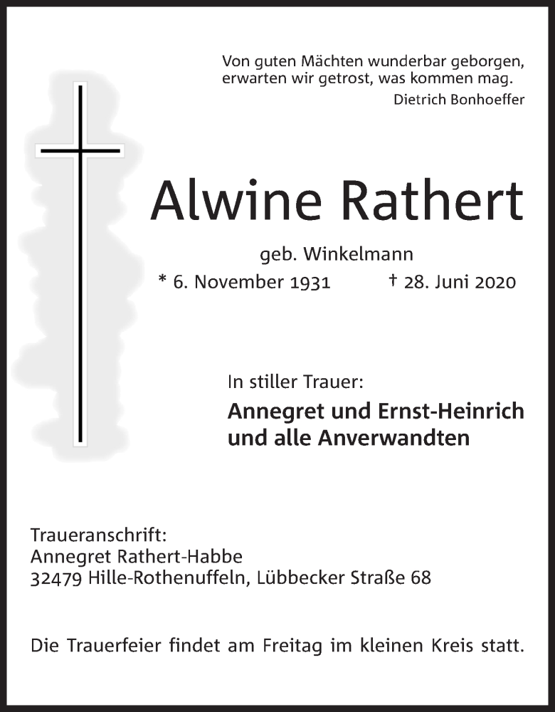 Traueranzeige für Alwine Rathert vom 30.06.2020 aus Mindener Tageblatt