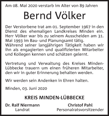 Anzeige von Bernd Völker von Mindener Tageblatt