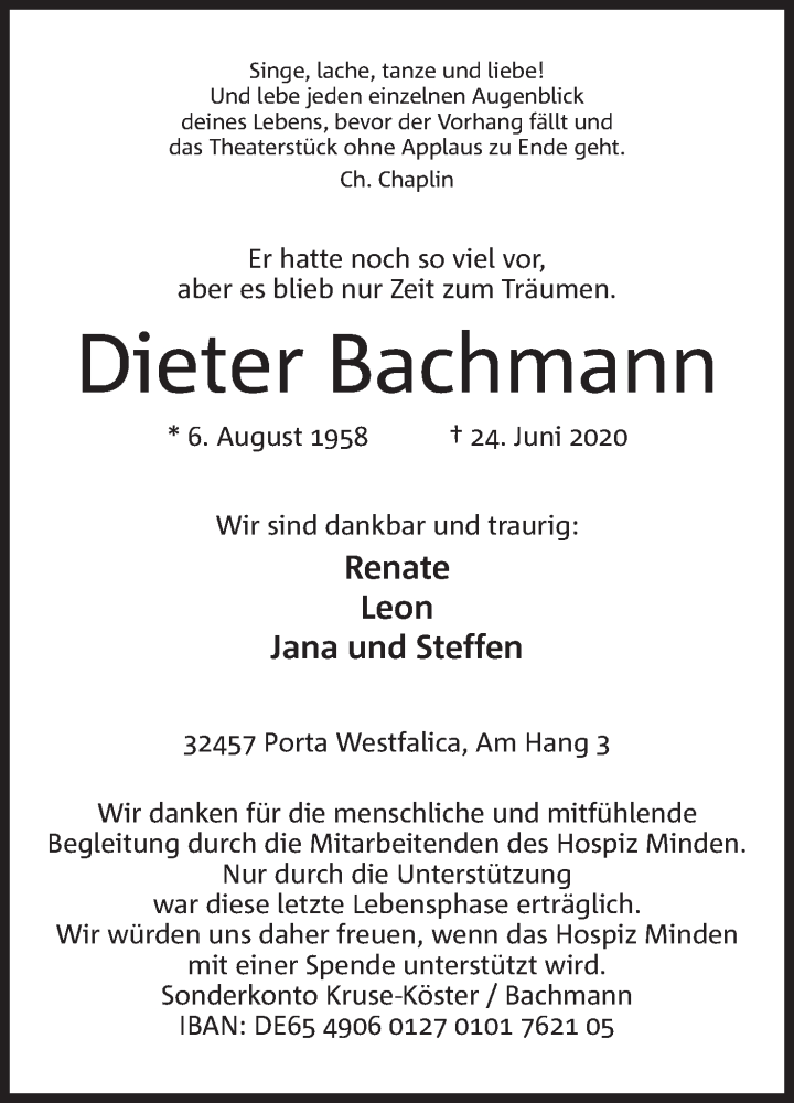  Traueranzeige für Dieter Bachmann vom 27.06.2020 aus Mindener Tageblatt