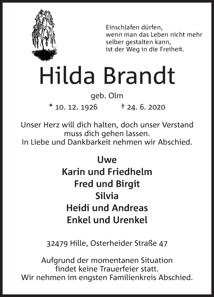  Traueranzeige für Hilda Brandt vom 27.06.2020 aus Mindener Tageblatt