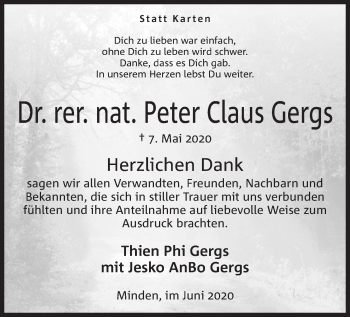 Anzeige von Peter Claus Gergs von Mindener Tageblatt