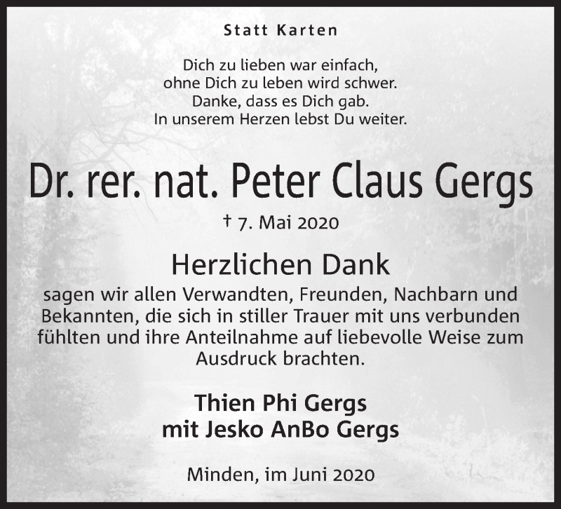  Traueranzeige für Peter Claus Gergs vom 20.06.2020 aus Mindener Tageblatt