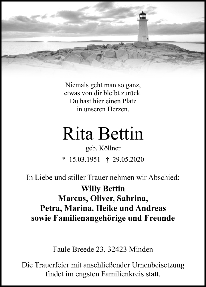  Traueranzeige für Rita Bettin vom 06.06.2020 aus Mindener Tageblatt