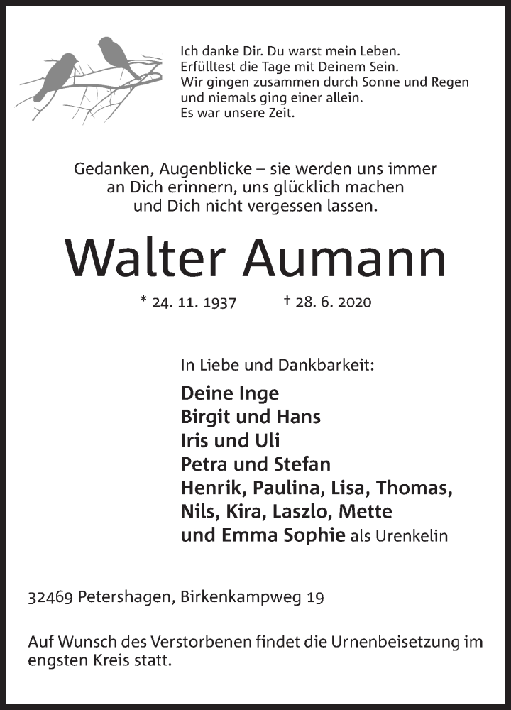  Traueranzeige für Walter Aumann vom 30.06.2020 aus Mindener Tageblatt