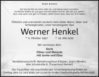 Anzeige von Werner Henkel von Mindener Tageblatt