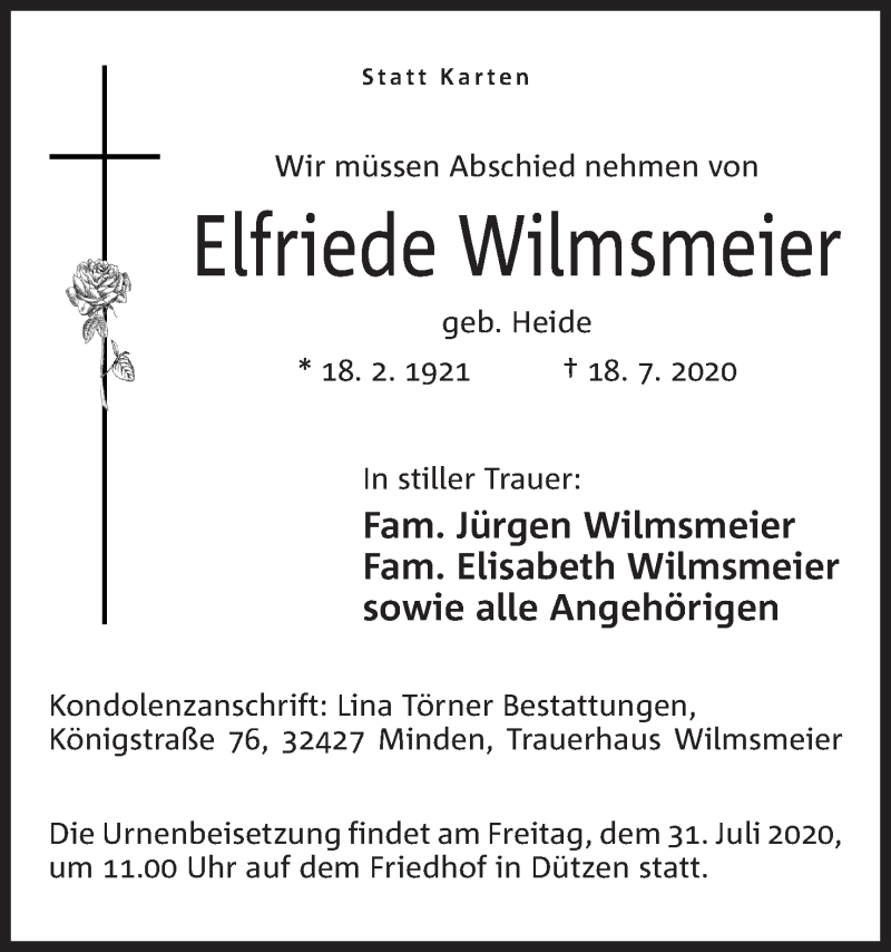  Traueranzeige für Elfriede Wilmsmeier vom 25.07.2020 aus Mindener Tageblatt