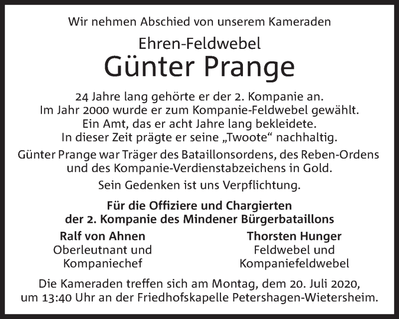  Traueranzeige für Günter Prange vom 15.07.2020 aus Mindener Tageblatt