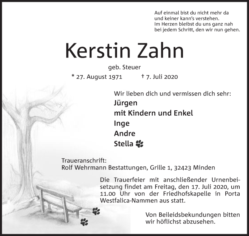  Traueranzeige für Kerstin Zahn vom 11.07.2020 aus Mindener Tageblatt