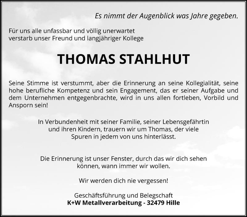  Traueranzeige für Thomas Stahlhut vom 11.07.2020 aus Mindener Tageblatt