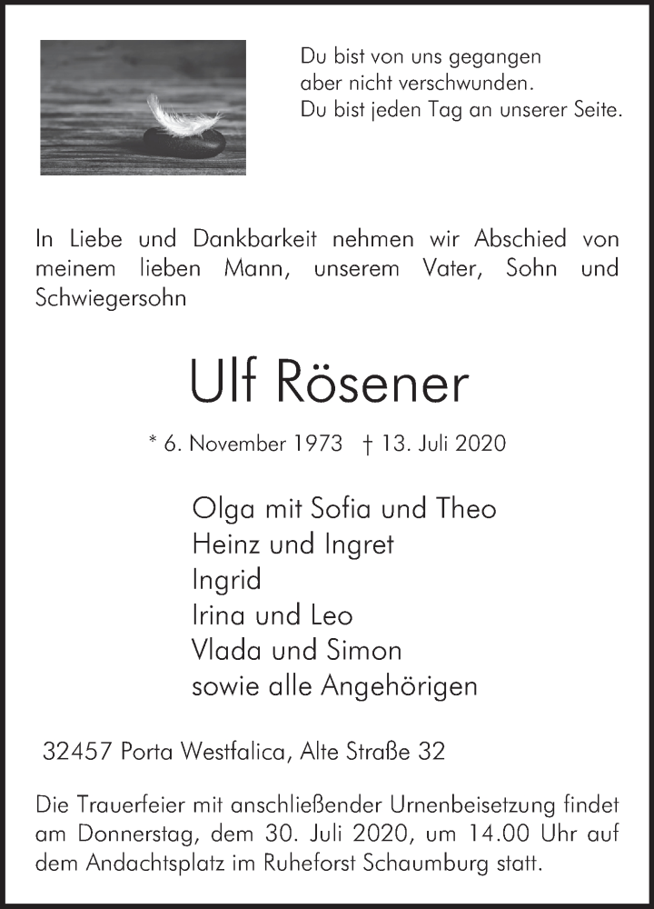  Traueranzeige für Ulf Rösener vom 25.07.2020 aus Mindener Tageblatt