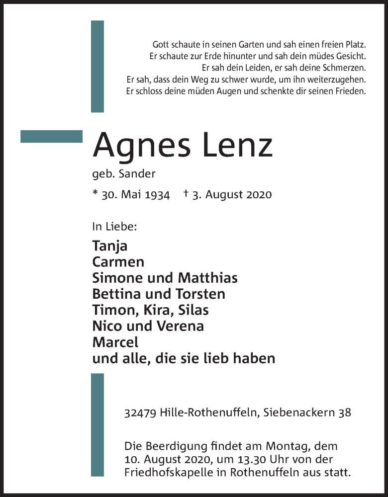  Traueranzeige für Agnes Lenz vom 06.08.2020 aus Mindener Tageblatt