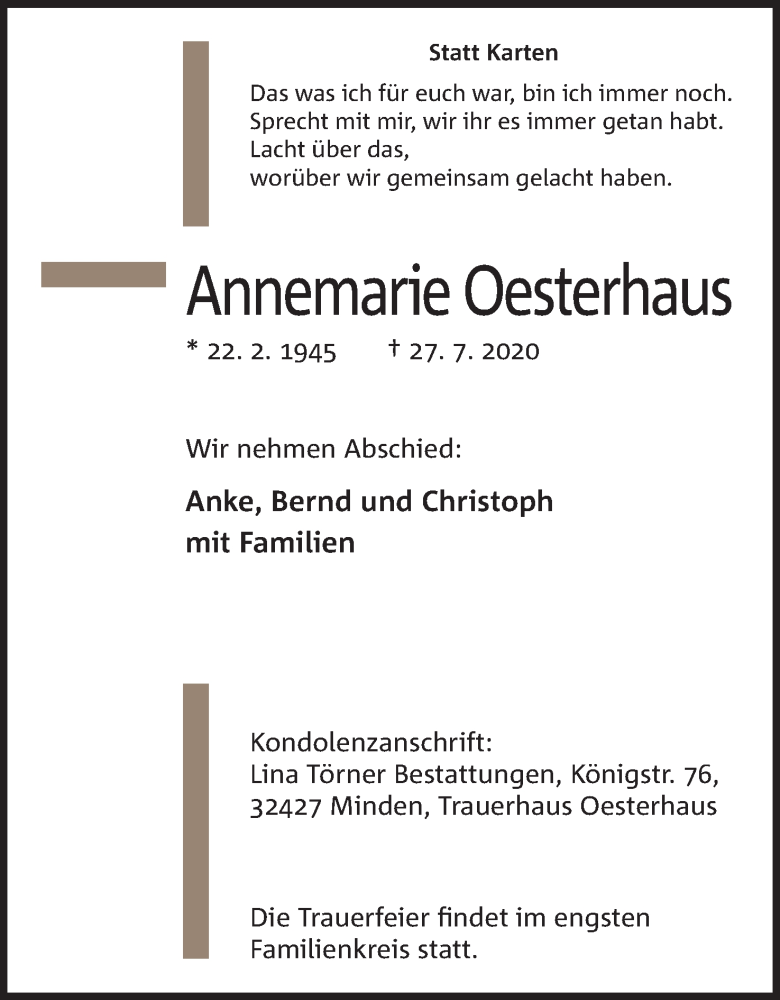  Traueranzeige für Annemarie Oesterhaus vom 01.08.2020 aus Mindener Tageblatt