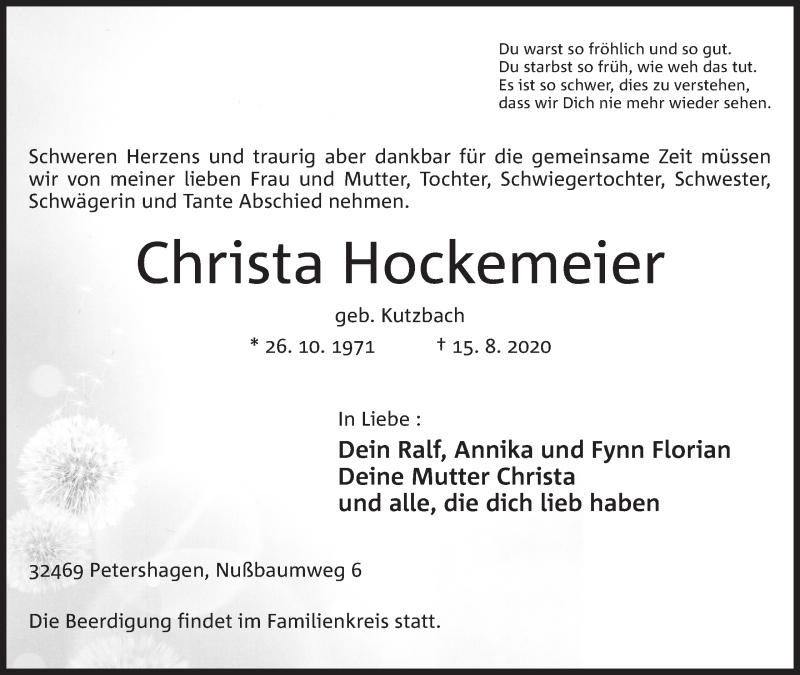  Traueranzeige für Christa Hockemeier vom 18.08.2020 aus Mindener Tageblatt