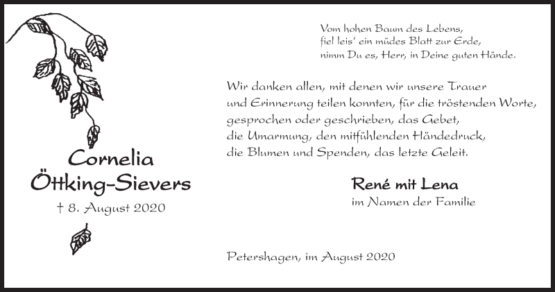  Traueranzeige für Cornelia Öttking-Sievers vom 29.08.2020 aus Mindener Tageblatt