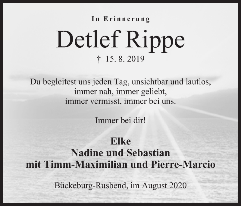  Traueranzeige für Detlef Rippe vom 15.08.2020 aus Mindener Tageblatt
