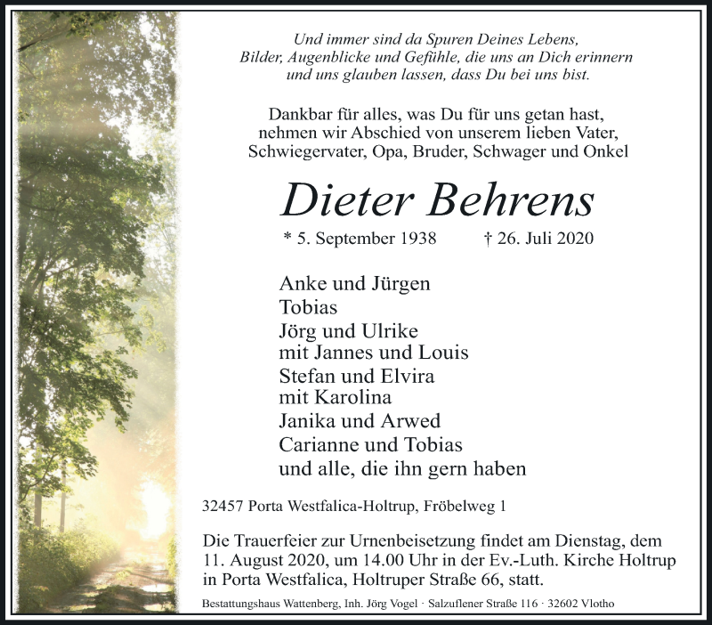  Traueranzeige für Dieter Behrens vom 01.08.2020 aus Mindener Tageblatt