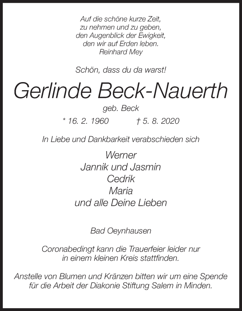  Traueranzeige für Gerlinde Beck-Nauerth vom 12.08.2020 aus Mindener Tageblatt