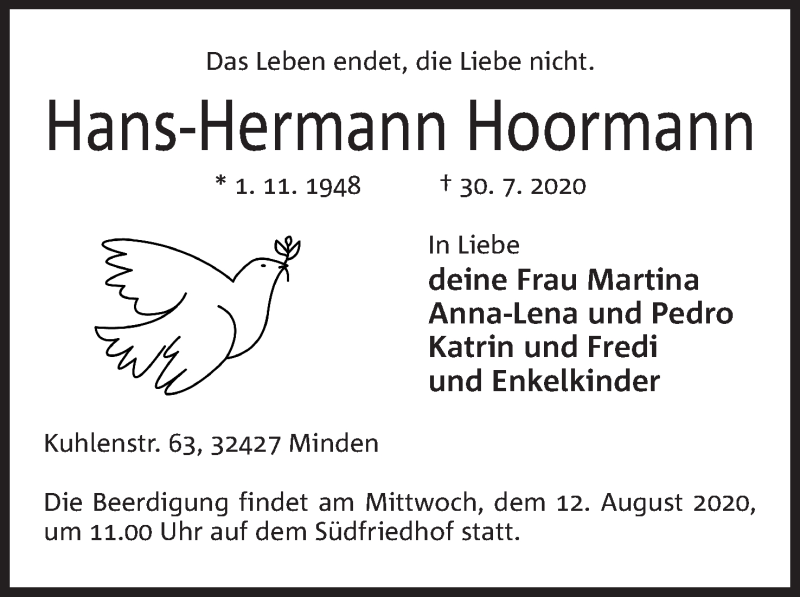  Traueranzeige für Hans-Hermann Hoormann vom 01.08.2020 aus Mindener Tageblatt