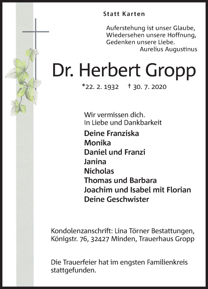  Traueranzeige für Herbert Gropp vom 15.08.2020 aus Mindener Tageblatt