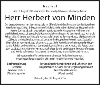 Anzeige von Herbert von Minden von Mindener Tageblatt