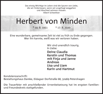 Anzeige von Herbert von Minden von Mindener Tageblatt