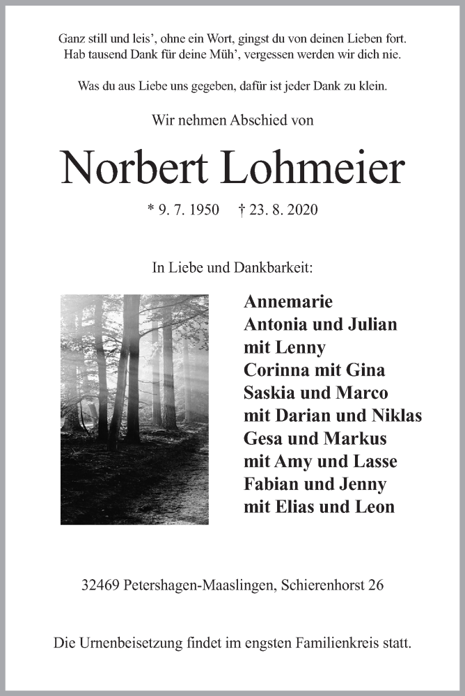  Traueranzeige für Norbert Lohmeier vom 29.08.2020 aus Mindener Tageblatt