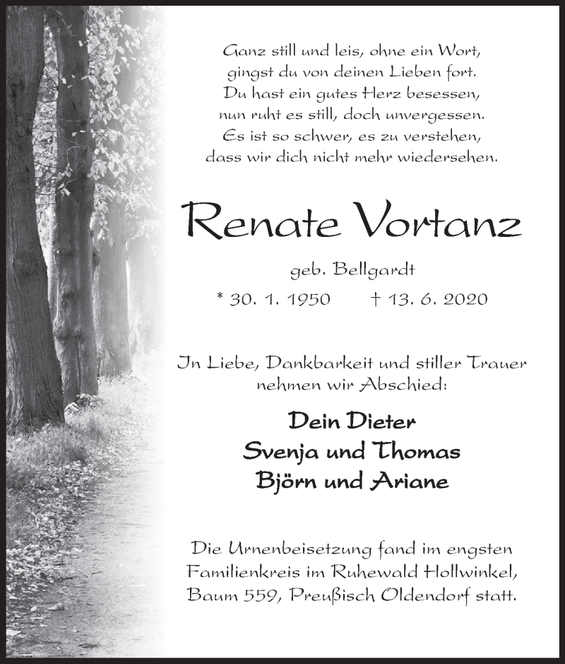  Traueranzeige für Renate Vortanz vom 15.08.2020 aus Mindener Tageblatt