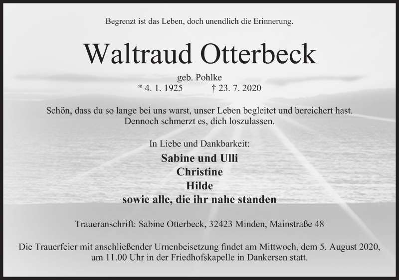  Traueranzeige für Waltraud Otterbeck vom 01.08.2020 aus Mindener Tageblatt