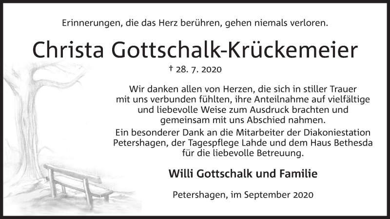  Traueranzeige für Christa Gottschalk-Krückemeier vom 05.09.2020 aus Mindener Tageblatt