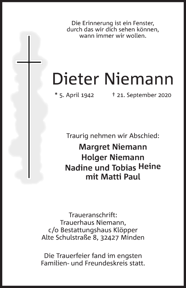  Traueranzeige für Dieter Niemann vom 26.09.2020 aus Mindener Tageblatt
