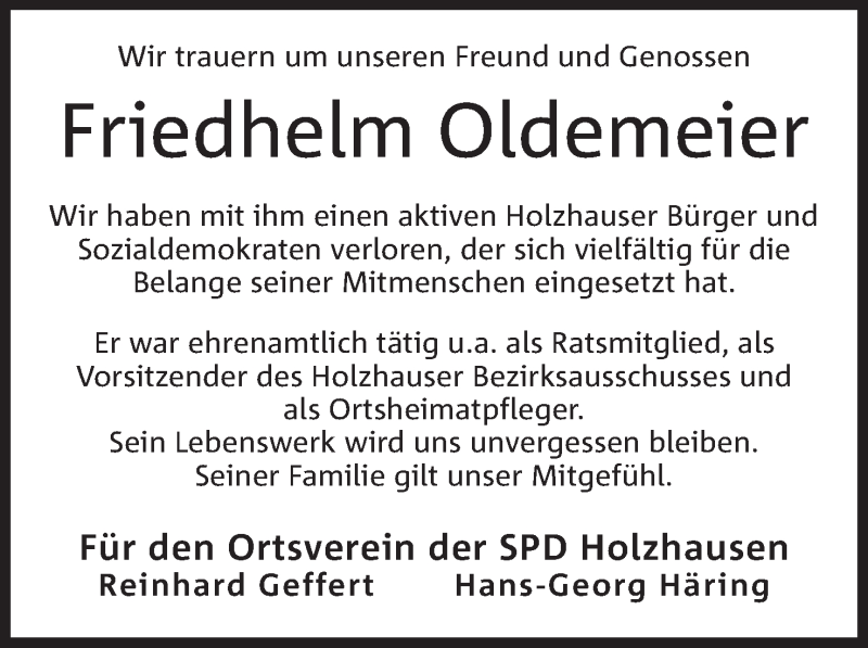  Traueranzeige für Friedhelm Oldemeier vom 12.09.2020 aus Mindener Tageblatt