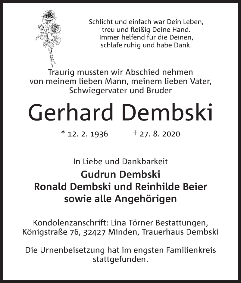  Traueranzeige für Gerhard Dembski vom 12.09.2020 aus Mindener Tageblatt
