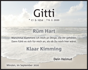 Anzeige von Gitta Schmitz von Mindener Tageblatt
