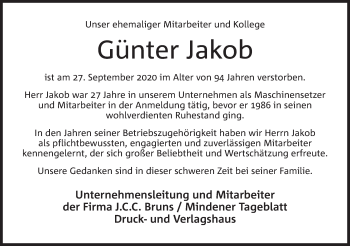 Anzeige von Günter Jakob von Mindener Tageblatt