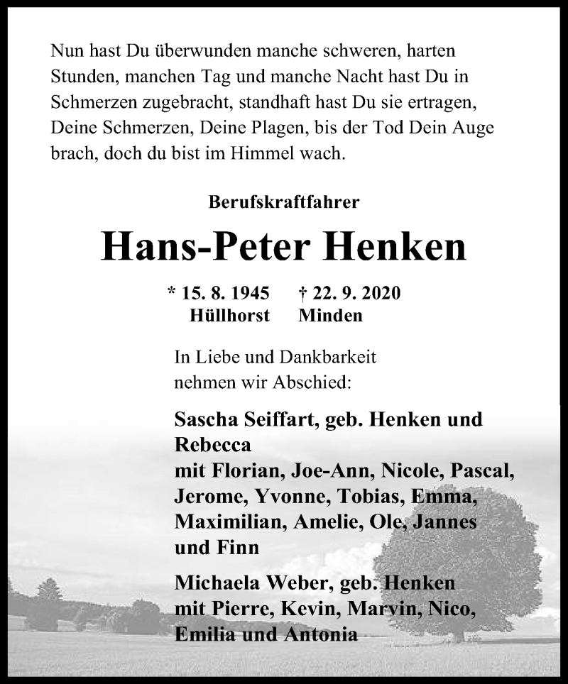  Traueranzeige für Hans-Peter Henken vom 29.09.2020 aus Mindener Tageblatt