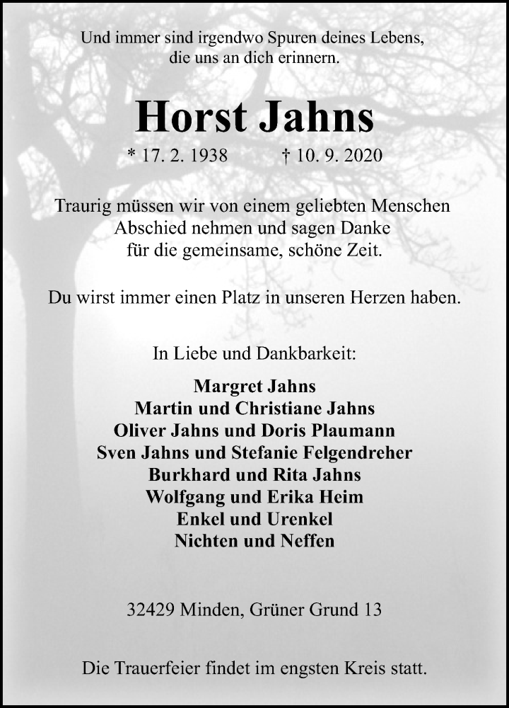  Traueranzeige für Horst Jahns vom 19.09.2020 aus Mindener Tageblatt