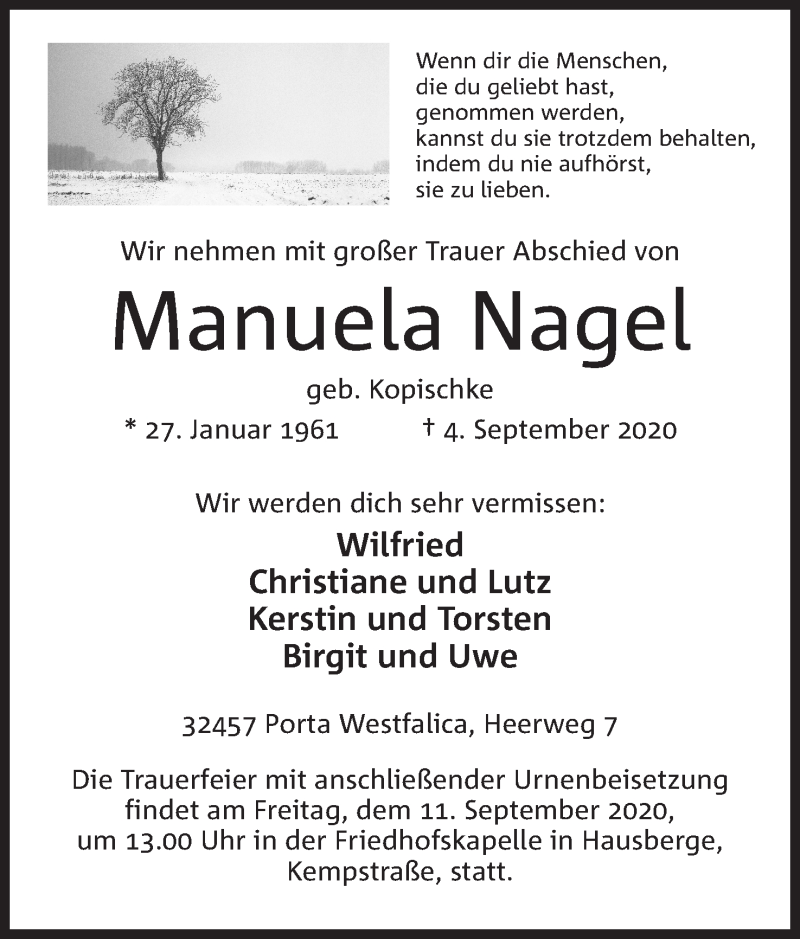  Traueranzeige für Manuela Nagel vom 09.09.2020 aus Mindener Tageblatt