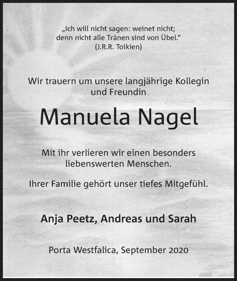  Traueranzeige für Manuela Nagel vom 10.09.2020 aus Mindener Tageblatt