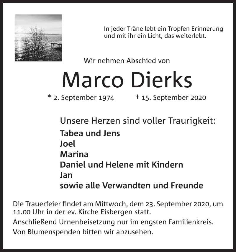  Traueranzeige für Marco Dierks vom 19.09.2020 aus Mindener Tageblatt