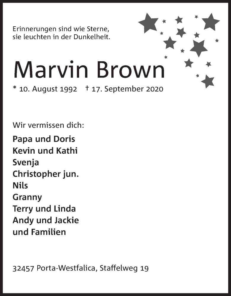  Traueranzeige für Marvin Brown vom 26.09.2020 aus Mindener Tageblatt