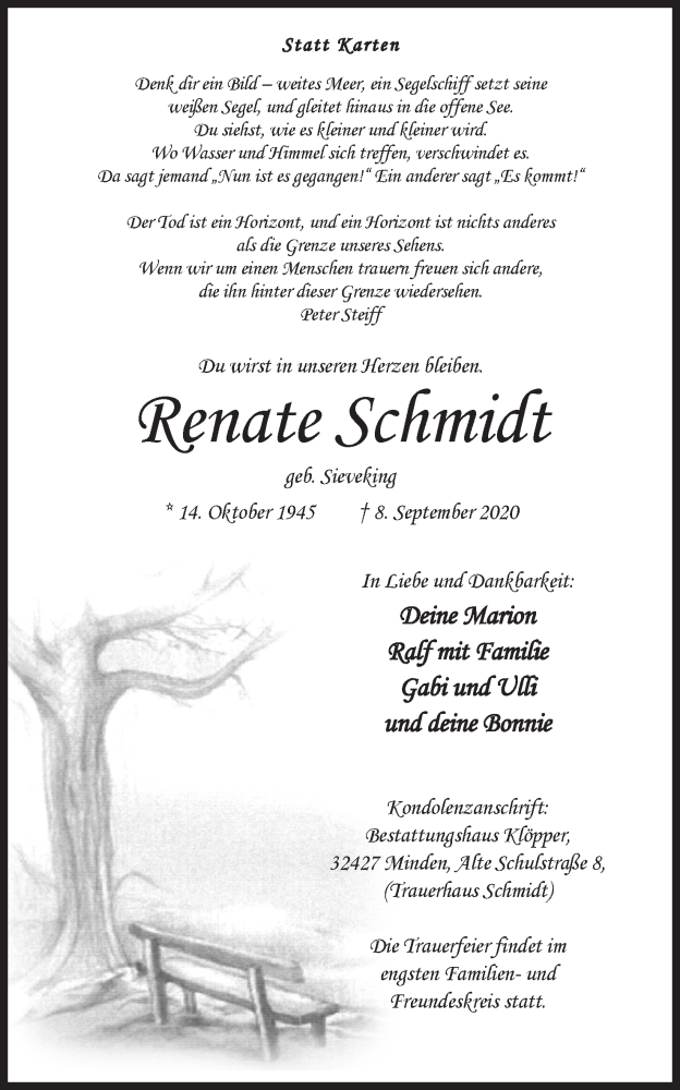  Traueranzeige für Renate Schmidt vom 12.09.2020 aus Mindener Tageblatt