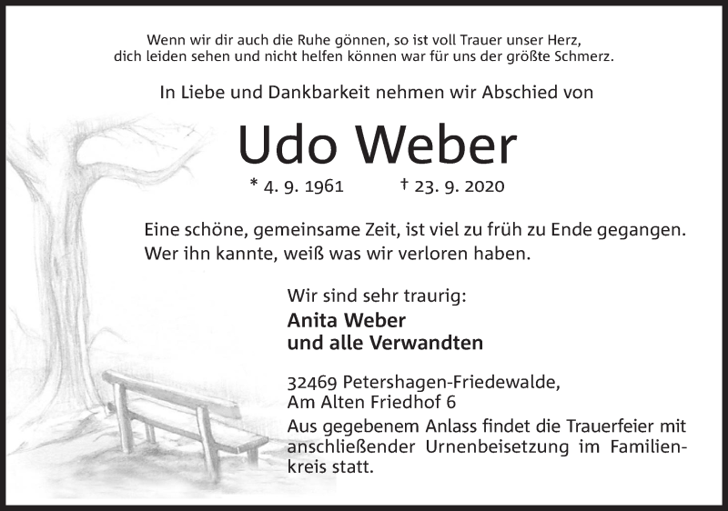 Traueranzeige für Udo Weber vom 26.09.2020 aus Mindener Tageblatt