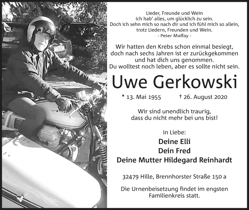  Traueranzeige für Uwe Gerkowski vom 05.09.2020 aus Mindener Tageblatt