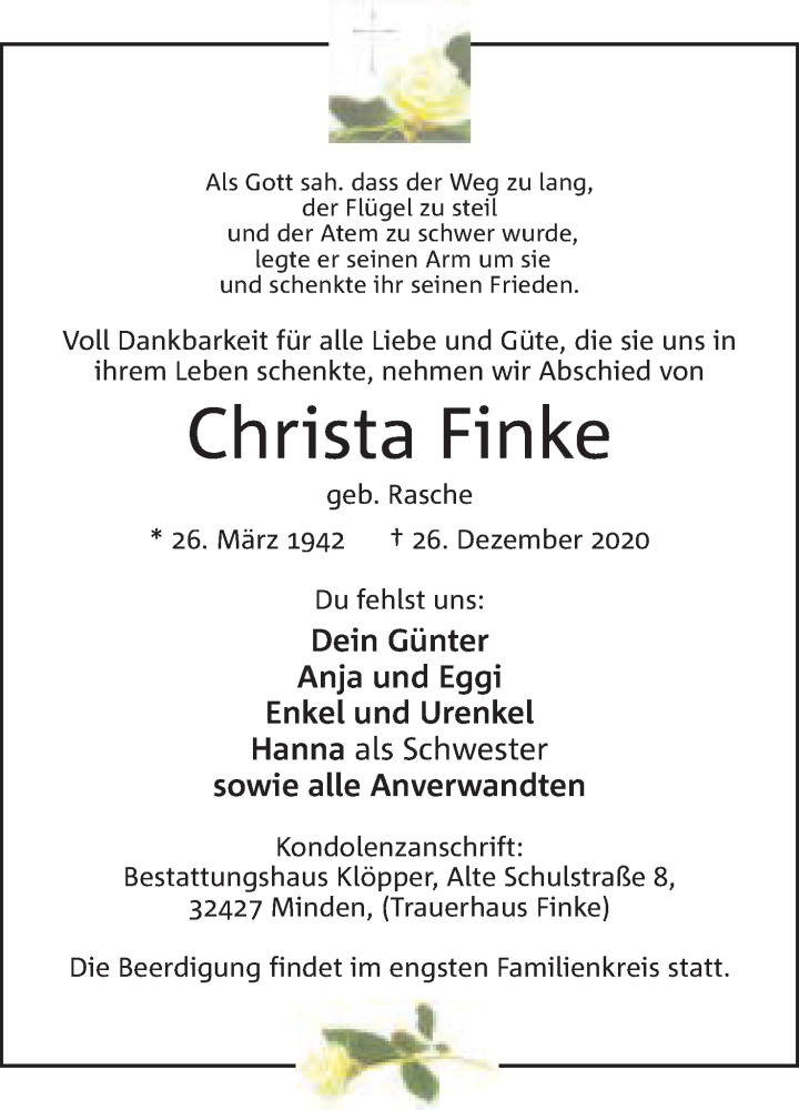  Traueranzeige für Christa Finke vom 02.01.2021 aus Mindener Tageblatt