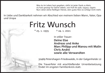 Anzeige von Fritz Wunsch von Mindener Tageblatt