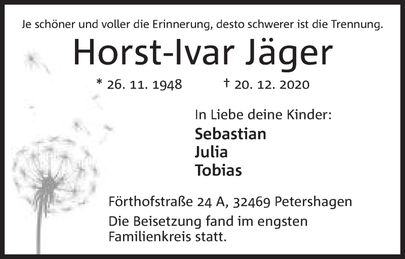  Traueranzeige für Horst-Ivar Jäger vom 09.01.2021 aus Mindener Tageblatt