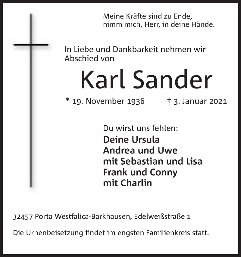  Traueranzeige für Karl Sander vom 09.01.2021 aus Mindener Tageblatt