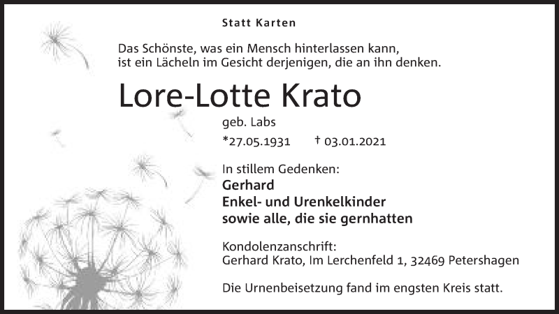  Traueranzeige für Lore-Lotte Krato vom 16.01.2021 aus Mindener Tageblatt